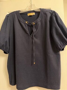 Michael Kors Navy Short-Sleeve Tie-Neck Blouse